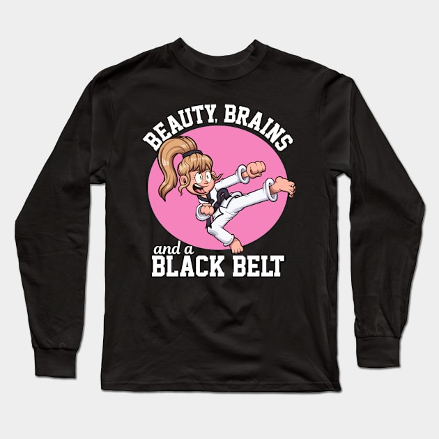 Beauty, Brains And A Black Belt Cartoon Long Sleeve T-Shirt by TheMaskedTooner